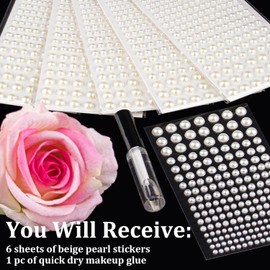 1182 Pcs of Pearl Stickers 3/4/5/6/8mm Beige half round pearls Self Adhesive Face Gems, Stick on Body Crystal Beads with Quick Dry Makeup Glue For Face Eye Hair Nails Make up and Craft DIY Decorations