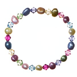 LTC Designs Multi-Pastel Colored Dyed Cultured Freshwater (5.5-6mm) Potato-shaped Pearl Stretch Bracelet with Alternating Austrian Crystals, 7" for Men,and Women, Stacking Bracelets