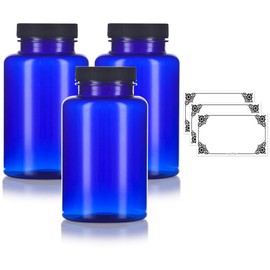 JUVITUS 8 oz Cobalt PET Plastic Packer Bottle with Black Ribbed Lid (3 pack) + Labels Smell Proof