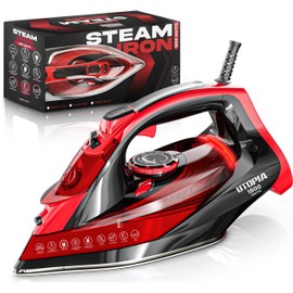 Utopia Home Steam Iron for Clothes - Non-Stick Soleplate - 1800W Clothes Iron With Auto-Off Safety Feature - Adjustable Thermostat Control, Variable Steam Control, Self-Clean, 8 Feet Cord (Black/Red)