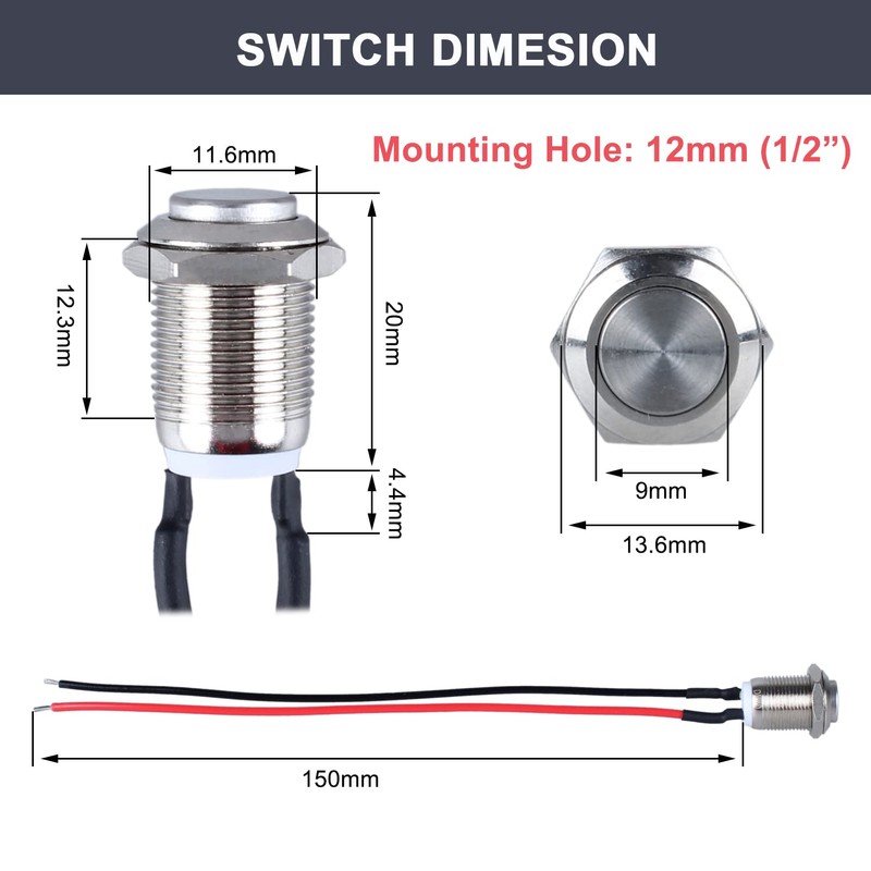 DMWD 2-Pack 12mm Momentary Metal Waterproof Push Button Switch Raised