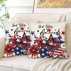 4th of July Decorative Pillow Covers 20 x 20 Set of 2 Blue Red Patriotic Star Floral White Throw Pillow Covers American Flag Usa Flag Star Pillowcse Independence Memorial Day Couch Sofa Decor