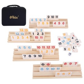 Offelec Large Numbers Rummy Tiles Game, Classic Rummy Cube Games, Great Gift for Kids Adults and Family Funny Party Games, 106 Tiles, 4 Wooden Playing Rack, 1 Dice (2-4 Players)