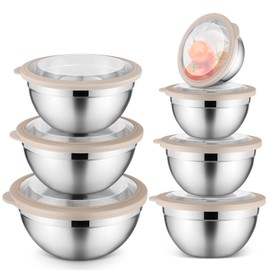E-far Stainless Steel Mixing Bowls with Airtight Clear Lids Set of 7, Metal Nesting Bowls for Kitchen Prep, Baking, Cooking, Serving, Salad, Dishwasher Safe, Size 4.6, 3.5, 3, 2, 1.5, 1, 0.7QT, Khaki