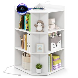 Costzon Kids Corner Cabinet with Charging Station, Wooden Cubby Bookcase with USB Ports and Outlets, 3-Tier Kids Bookshelf, 9-Cube Toy Storage Organizer for Playroom, Bedroom, Living Room (White)