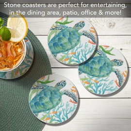 Thirstystone Sea Life Serenade 4 Pack Absorbent Stone Coasters with Protective Cork Backing. Manufactured in The USA Artistic Absorbent Easily Wipes Clean