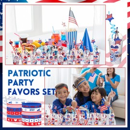 Funnymoom 194 Pcs 4th of July Party Favors Gifts Set Independence Day Cup Fillers Patriotic Party Keychain Pencil Silicone Bracelet for Memorial Day Gift Bingo Game Prize Rewards, 24 Sets