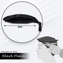 Glengarry Cap-Traditional Scottish Hat,100% Wool, Acrylic Wool Tartan,Kilts/Bagpipes Accessories,Polyester Cotton Ribbon (Black Plain,54)