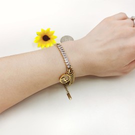 JunyiDIY Women's Cuban Chain Adjustable Bracelet, Round Mountain Mustard Seed Pendant Tennis Zircon Crystal for Mom Wife's Faith Jewelry