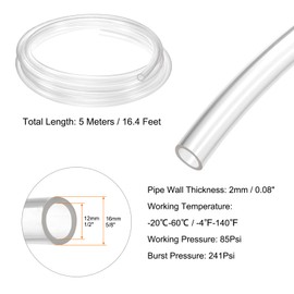 sourcing map Pneumatic Tubing Pipe Pu Hose 16mm OD x 12mm ID 5 Meters(16.4 FT) Air Compressor PU Polyurethane Line Hose Tube for Air Compressor Water Fluid Transfer, Clear