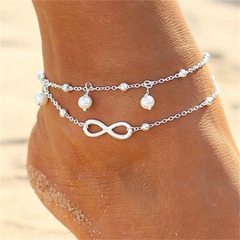 Wendalern Layered Pearl Infinity Anklet Silver Satellite Pearl Anklet Forever Symbol Anklet Beads Pendant Anklet Jewellery for Women Girls