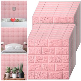 Colarr 60 Pcs 3D Wall Panels Peel and Stick Faux Foam 3D Brick Wallpaper Faux Paneling Adhesive Wall Covering Panels Medieval for Bedroom, 28.8 Sq ft Coverage(Pink)