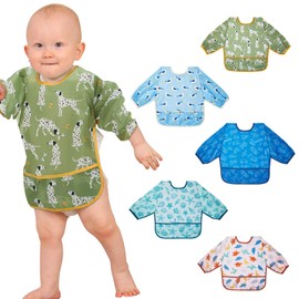 Lictin Baby Bibs for Boys Girls - Long Sleeve Bib, Waterproof Toddler Bibs, 0-24 Months Neutral Baby Smock for Eating (Dark Blue/Wathet/Blue/Green/Brown, 0-24 months)