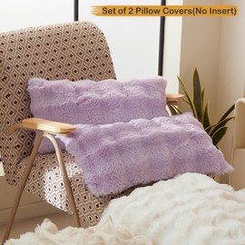 LIFEREVO 2 Pack Faux Rabbit Fur Lumbar Decorative Throw Pillow Covers 12x20, Plush Shaggy Bubble Cushion Accent Pillow Shams, Light Purple Furry Fuzzy Pillowcases for Couch Office Home Decor, Lavender