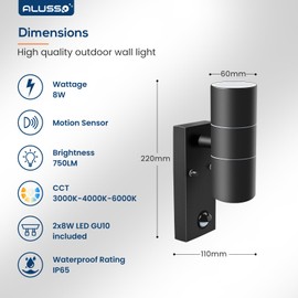 ALUSSO Motion Sensor Outdoor Wall Lights IP65, Stainless Steel Up Down Lights 3000K/4000K/6000K Selectable, 2x 8W GU10 Bulb Included,Outside Security Lights Mains Powered Sconce Wall Mounted for Porch