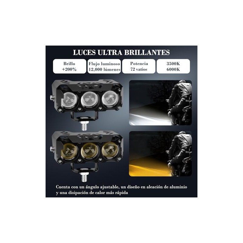 Exploradoras LED Auxiliares para Moto, 2 Piezas, 18000LM, 3 Modos