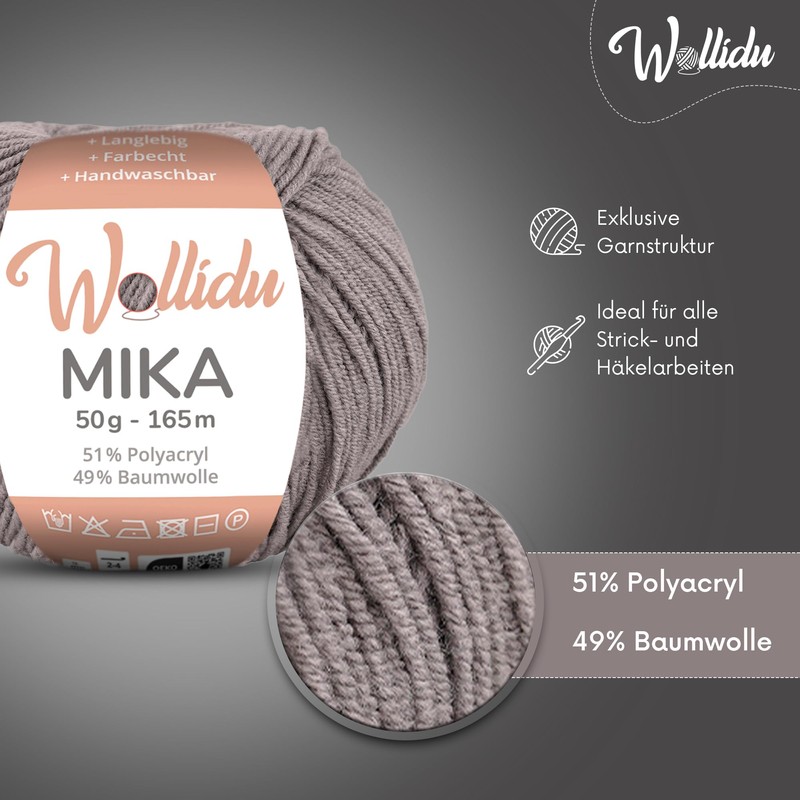 Wollidu Mika Knitting and Crochet Yarn, 51% Polyacrylic, 49% Cotton,