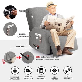 Jcones 3 Pieces Stretch Recliner Chair Covers - Plush Fabric Slipcovers & Durable Furniture Protectors for Kids and Pets (1 Seater, Light Gray)