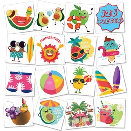 Casciybo Summer Kids Temporary Tattoos, 126 Sheets Hawaiian Party Fake Tattoo Sticker, Individual Wrapped Waterproof Beach Party Decoration Supplies Favors for Boys Girls
