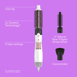 Conair Double Ceramic 3-in-1 Hot Air Brush, Interchangeable Attachments: 1¼-Inch Thermal Brush, ¾-Inch Boar and Nylon Bristle Brush, and Concentrator, Voluminous Curls & Straight Styles, White