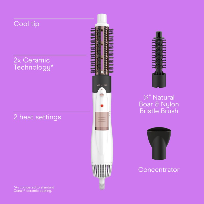 Conair Double Ceramic 3-in-1 Hot Air Brush, Interchangeable Attachments: 1¼-Inch