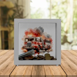 Fire Engine Frame Money Box Made of Wood, Robust Use Rescue Fire Engine Design, Fire and Emergency Game Frame, Wooden Money Box for Budding Firefighters Tip