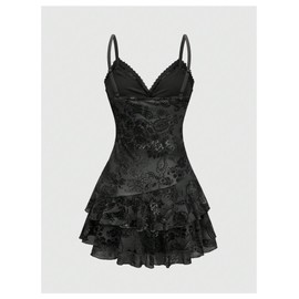 Verdusa Women's Y2k Gothic Dresses Vintage Boho Summer Beaded Ruffle Lace Paisley Print Tiered Mini Dress Black Large