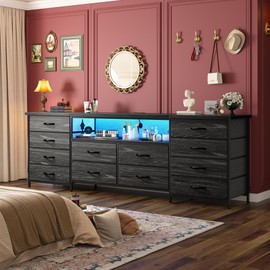 Romorgniz 63" Long Dresser for Bedroom with 12 Fabric Drawers Entertainment Center with LED Lights & Power Outlets TV Stand for 70 Inch TV, Storage Organizer for Bedroom, Black