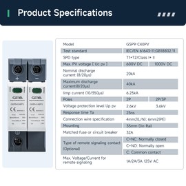 1PCS 2P 40KA Voltage Surge Protector DC 1000V Solar PV Lightning Arrester Device for Rv, Home Lightning Protection System 35mm DIN Rail Mount