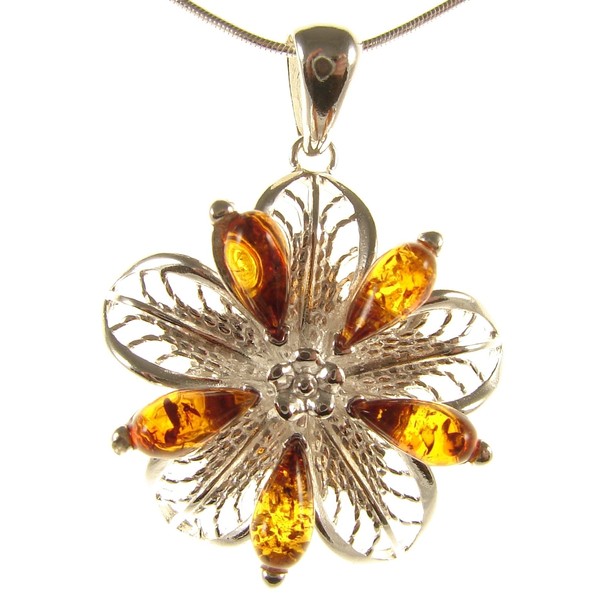 Baltic amber and sterling silver 925 cognac flower pendant (no