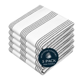 HEIRLOOM COMFORT Black Stripe Kitchen Towels (5 Pack), 100% Cotton, Multi Pin Striped Towel Set, Super Absorbent & Durable Dish Cloths, Quick Drying Fabric for Drying Dishes, Everyday Cleaning