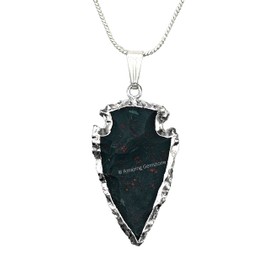 Bloodstone Arrowhead Necklace for Men Women - Men's Necklaces Arrow Heads Healing Crystal Necklace - Gifts for Men, Teen Boys - Stocking Stuffers for Men (Silver Edged)