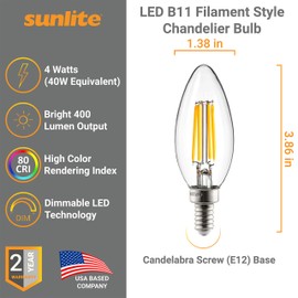 Sunlite LED Filament B11 Torpedo Tip Chandelier Light Bulb, ETL Listed, 4 Watts (40W Equivalent), 400 Lumens, Candelabra Base (E12), Edison Style, Dimmable, 2700K Soft White, 1 Count