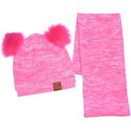 Women's Knit Pom Ears Beanie Infinity Scarf Set Fleece Lined (Pink)