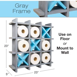 Excello Global Products Gray Wooden Toilet Paper Holder: Tic Tac Toe Design for Wall Mounted or Freestanding Bathroom Tissue Roll Storage Organizer