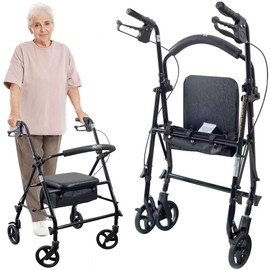 Steel Rollator Walker with Seat – Black Height Adjustable Walkers for Seniors with 6 inch Wheels, Hand Grips, and Padded Seat – 300 lb Weight Capacity