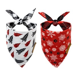 CROWNED BEAUTY Christmas Dog Bandanas Small 2 Pack, SnowTree Set, Adjustable Triangle Holiday Plaid Reversible Scarves for Small Dogs Pets DB01-S