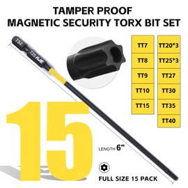 KJE 15-Piece 6" Impact Torx Screwdriver Bit Set (TT7-TT40) - S2 Steel Security Torx Bit Set with Magnetic Tips - 1/4" Hex Shank for Impact Drivers - Includes Storage Case