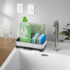 BYUNER Kitchen Sink Caddy Organiser, Sponge Holder for Kitchen Sink Tray Soap Organiser, Dish Organizer Brush Holder Tray Stainless Steel, Cleaning Caddy for Sponges Scrubbers Holders