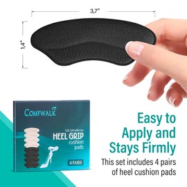 Comfwalk Heel Grip Cushion Pads - 4 Pairs, Self-Adhesive, Shoe Inserts for Loose Shoes, Snug Fit, Blister Prevention, Heel Comfort for Men and Women, Ideal for High Heels (Black & Beige, Lip-Shaped)