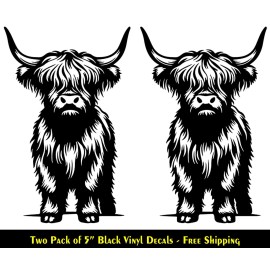 Signage Cafe Mini Highland Cow Two Pk 5" Black Vinyl Decals Car Truck Window Any Flat Surface