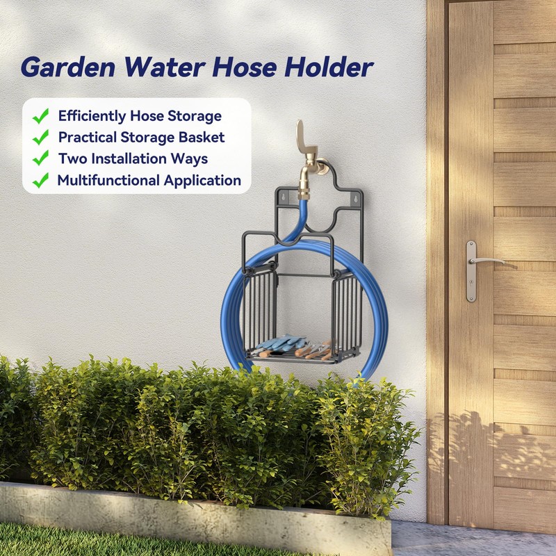Garden Hose Holder Metal Water Hose Holder with Storage Basket
