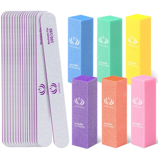 Nail Files and Buffers Capularsh 16Pack Professional Manicure Tools Kit 10PCS 100/180 Grit Double Sided Emery Board Nail Files for Natural Acylic Nails and 6PCS Four Sided 120 Grit Nail Buffer Block