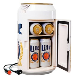 Miller Lite Mini Fridge - Refrigerator for Bedroom Office, Portable Table Top Beverage Cooler, 12V 110V Refrigerador For Drinks, Soda, Wines, Use In Car, Outdoor, Patio, 8 Can