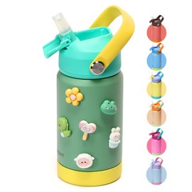 pluseight Kids Insulated Water Bottle with Straw Lid, 12 oz BPA-Free Double Wall Vacuum Tumbler 18/8 Stainless Steel Leak Proof Kids Cups with Straw for School Travel Boys Girls (Green)