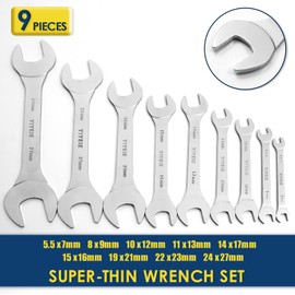 YIYEIE 9Pc. Super-Thin Open End Wrench Set, Metric 5.5, 7, 8, 9, 10, 11, 12, 13, 14, 15, 16, 17, 19, 21, 22, 23, 24, 27 mm, CR-V Steel, Ultra-Slim Flat Wrench Set with Roll-up Pouch