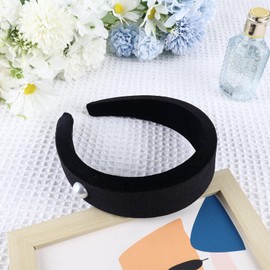 PLwelth Black Velvet Padded Headband for Women Girls Pearl Thick Flocking Hairband No Slip Wide Headband for Thin Hair Vintage Padded Headband Trendy Hair Accessories for Party Decor Stocking Stuffer
