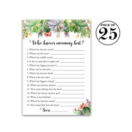 SUCCULENTS Baby Shower Games Who Knows Mommy Best - Pack of 25 - GENDER NEUTRAL Baby Shower Game New Parent Couples Coed Reveal Funny Guessing Game Mom-to-be GREENERY Shower Activity, SKU G300-WKM