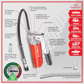 Carbyne Grease Gun - Lever Handle, 8000 PSI, Heavy Duty Professional Quality, Includes 18 inch Flex Hose and 6 inch Rigid Extension, 3-Way Loading • from a Family-Run Tool Company Based in The U.S.A.