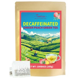 TeeLux Decaf Peach Ginger Green Tea, Mild Decaffeinated Green Tea with Spicy Ginger & Aromatic Natural Peach Flavor, 100 Count